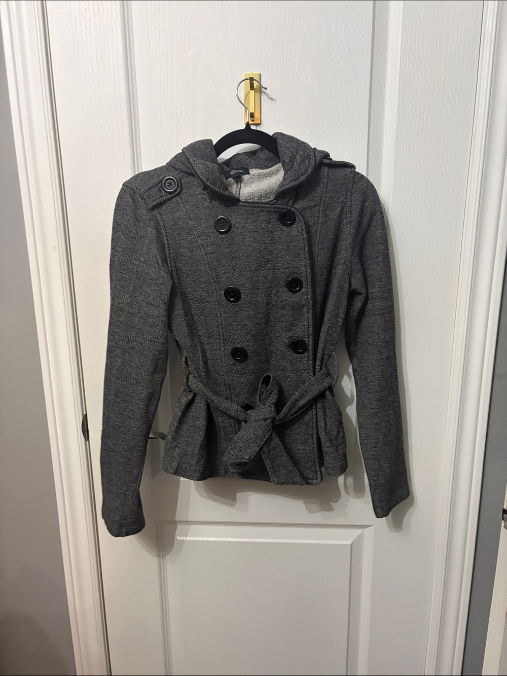 Guess Women's Dark Gray Double-Breasted Hooded Blazer Jacket